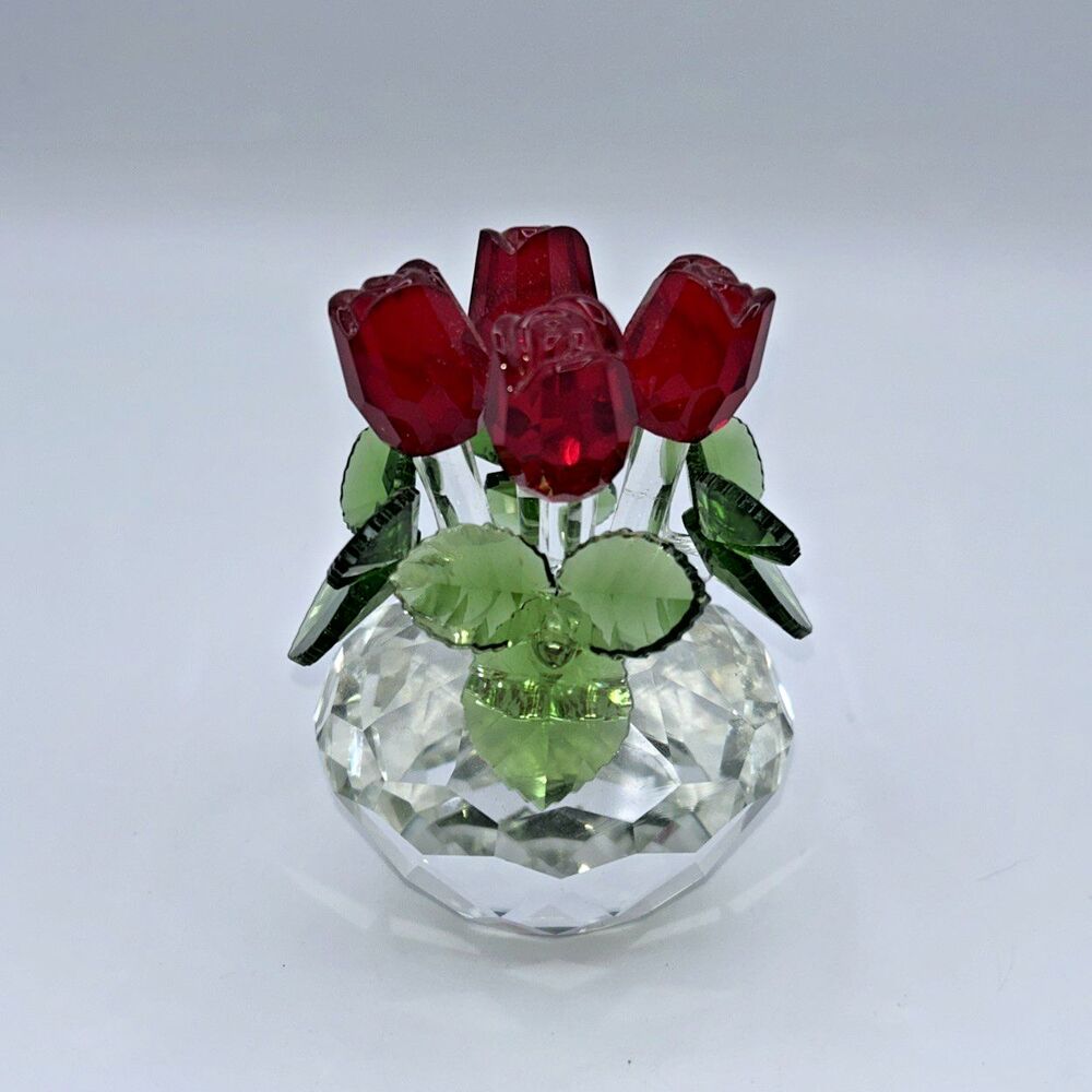Red Crystal Rose Bouquet Flowers Figurine Ornament Paperweight Sweetheart Gift